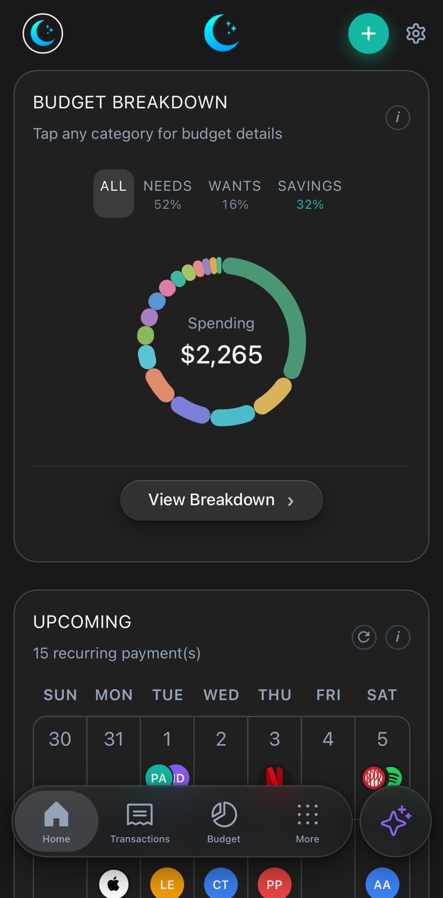 Luna budget breakdown with a spending ring and an upcoming payments calendar