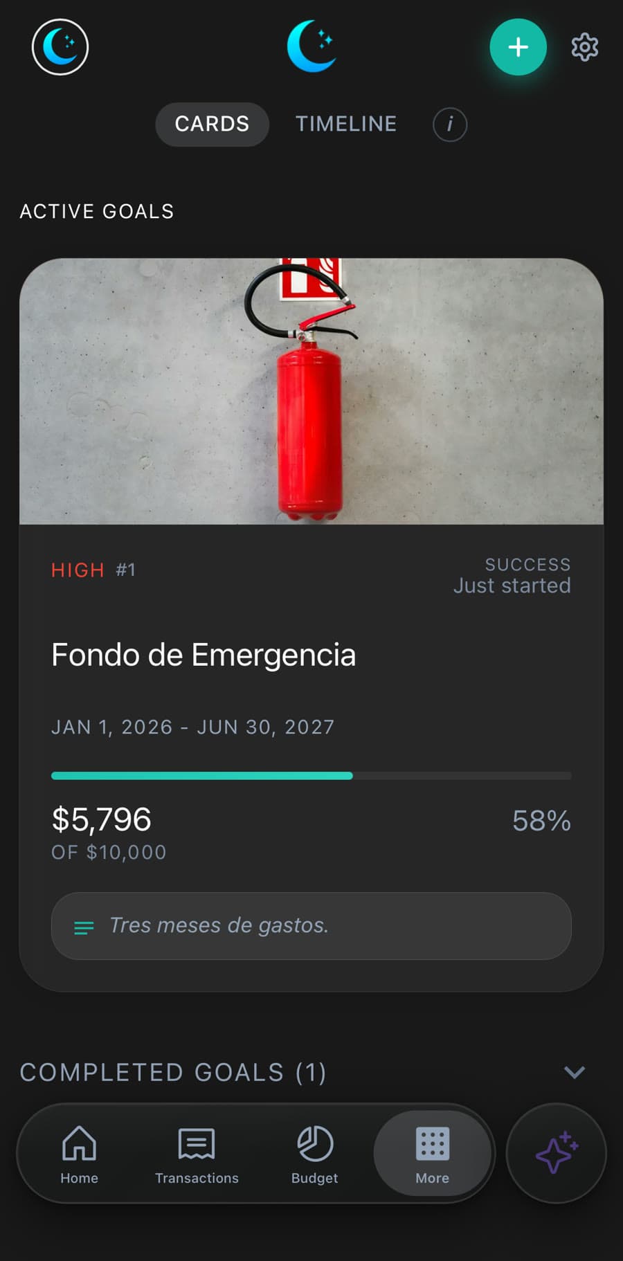 Luna goals screen showing an emergency fund 58 percent funded