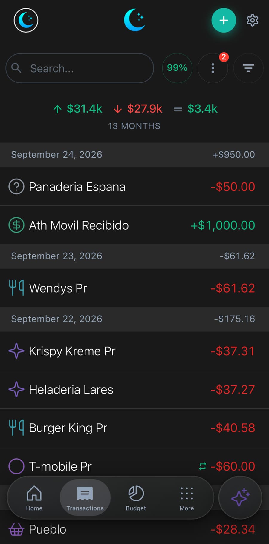 Luna transactions list grouped by date
