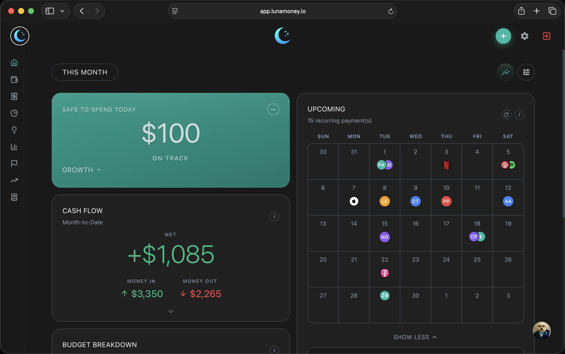 Luna web dashboard in Safari showing Safe to Spend, cash flow and a calendar of upcoming bills