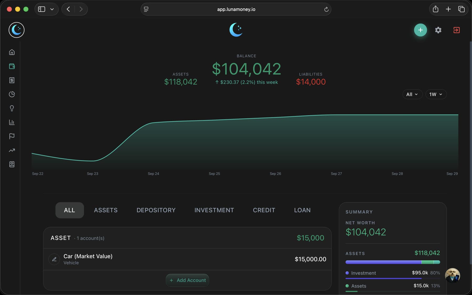 Luna web net worth screen with a balance chart, assets and liabilities
