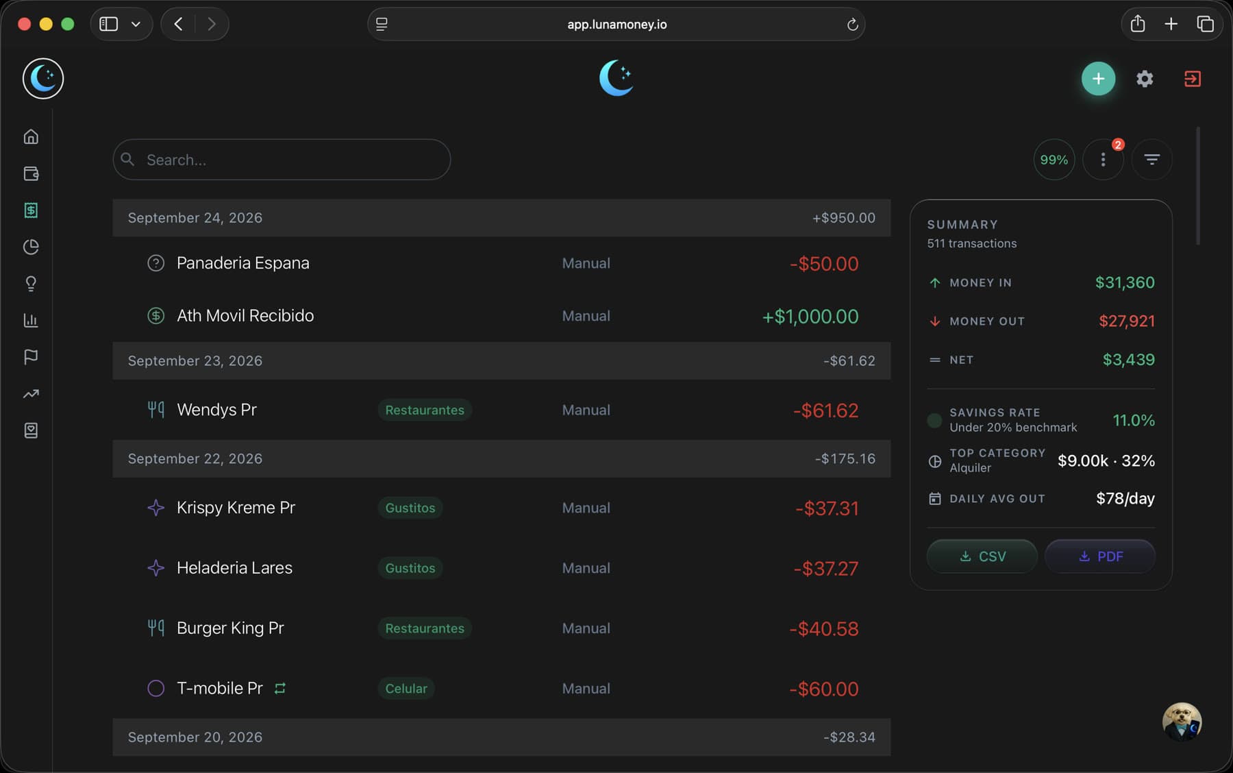 Luna web transactions list with a summary panel and CSV and PDF export